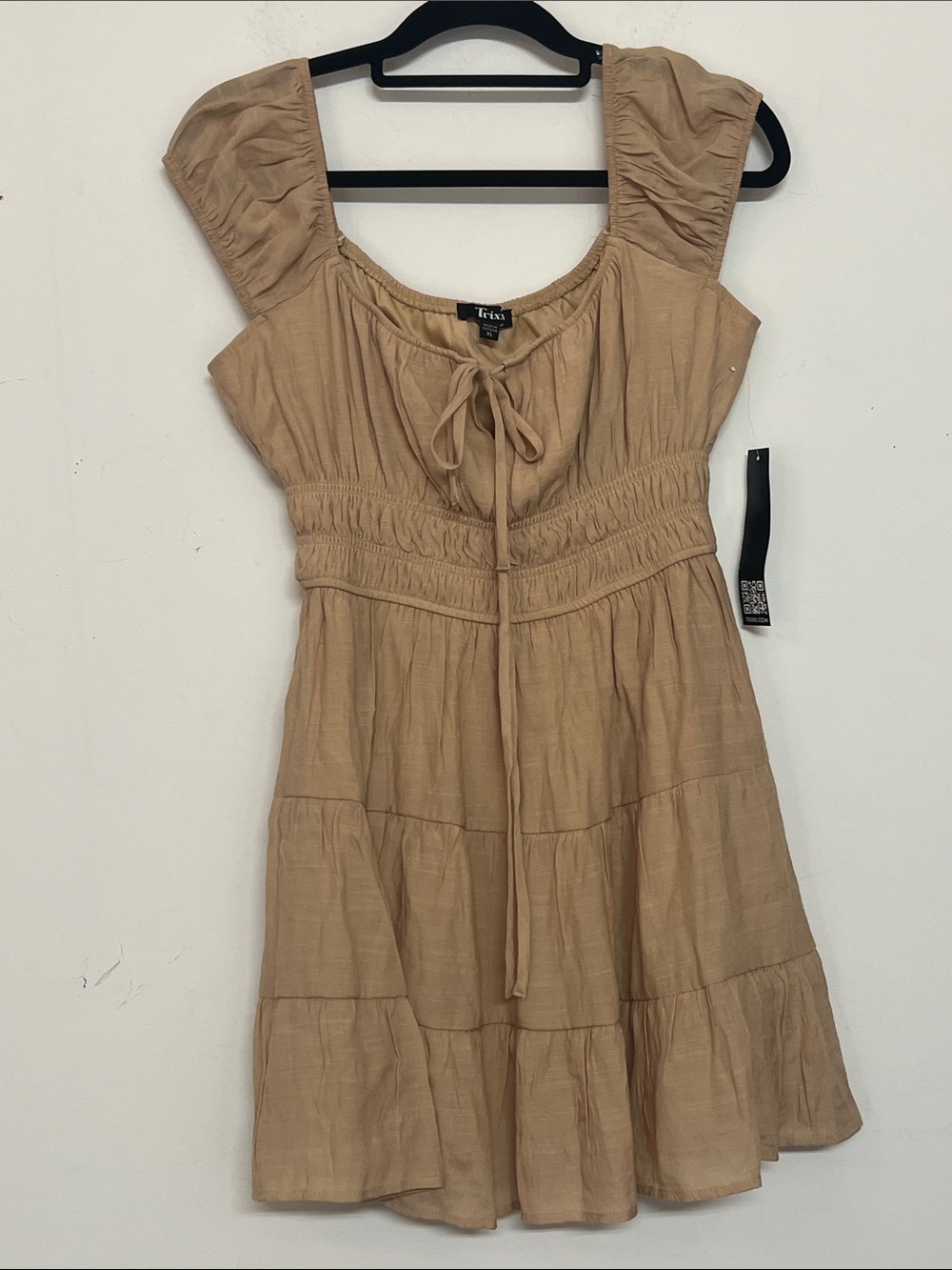 🌞 Trixxi NWT y2k Taupe Tiered Ruffle Cotton Dress Tie Neck women size XL